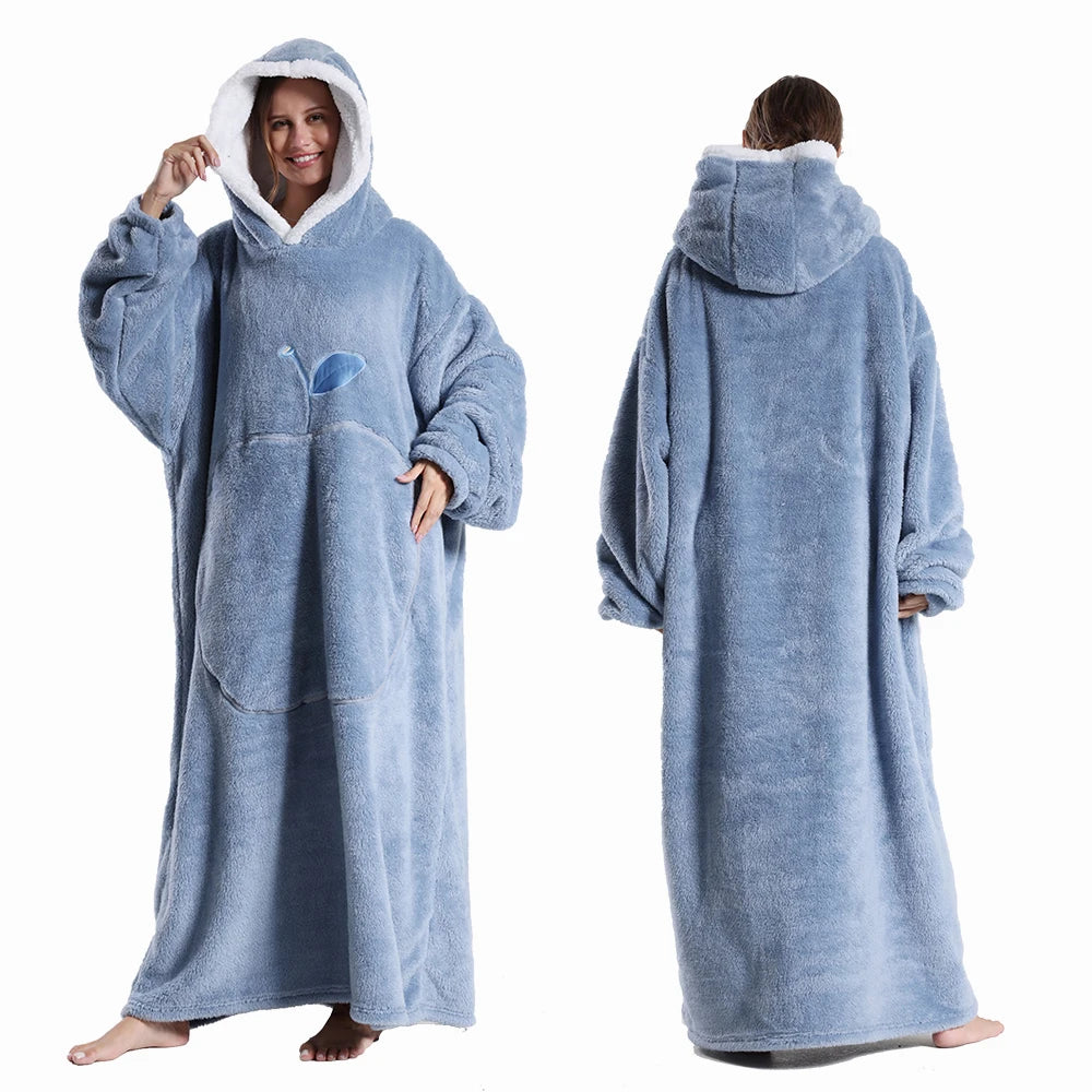 Oversized Wearable Hoodie Warm Flannel Sherpa Blanket Extra Long Hoodie for Winter Men Women Pullover TV Soft Plush Sweatshirt