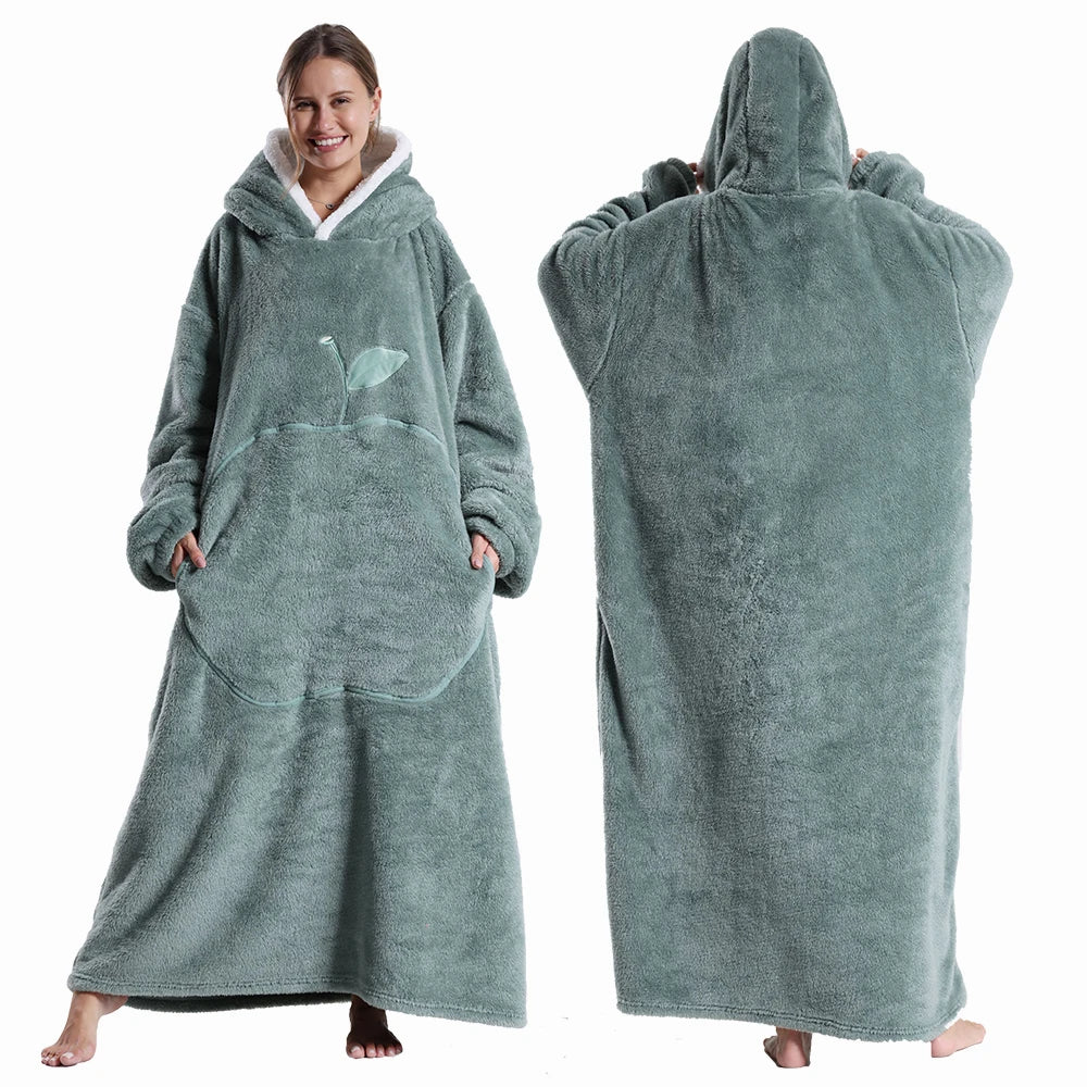 Oversized Wearable Hoodie Warm Flannel Sherpa Blanket Extra Long Hoodie for Winter Men Women Pullover TV Soft Plush Sweatshirt