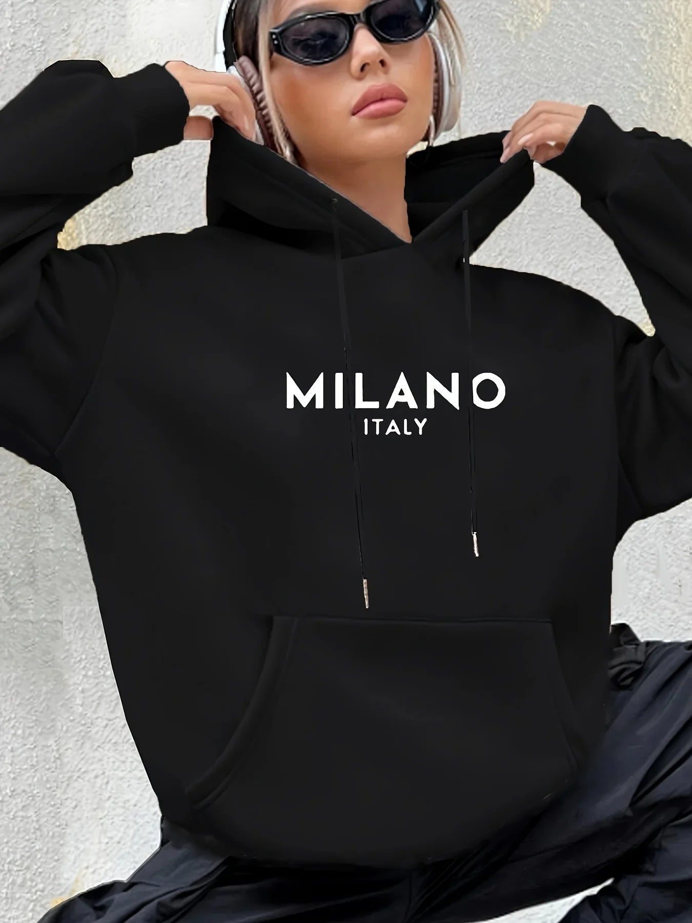 Milano Print Kangaroo Pocket Hoodie Casual Long Sleeve Drawstring Hoodies Sweatshirt Women's Clothing