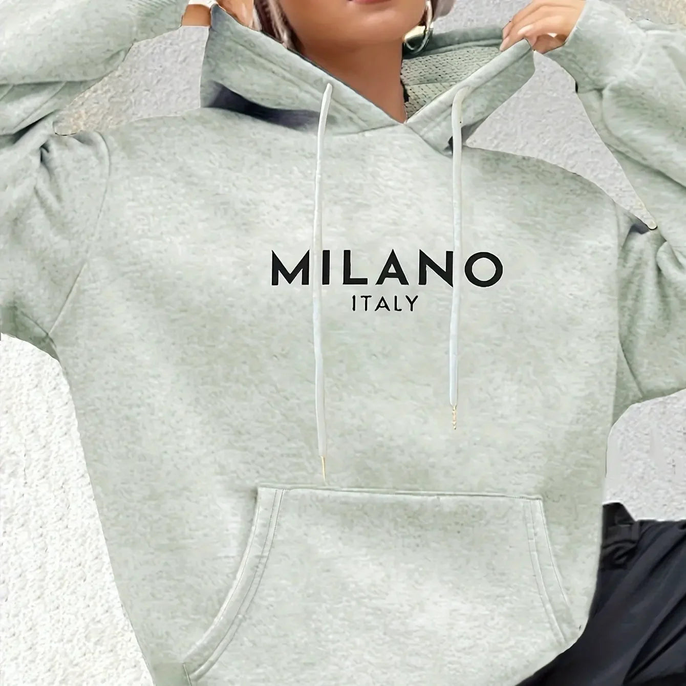 Milano Print Kangaroo Pocket Hoodie Casual Long Sleeve Drawstring Hoodies Sweatshirt Women's Clothing