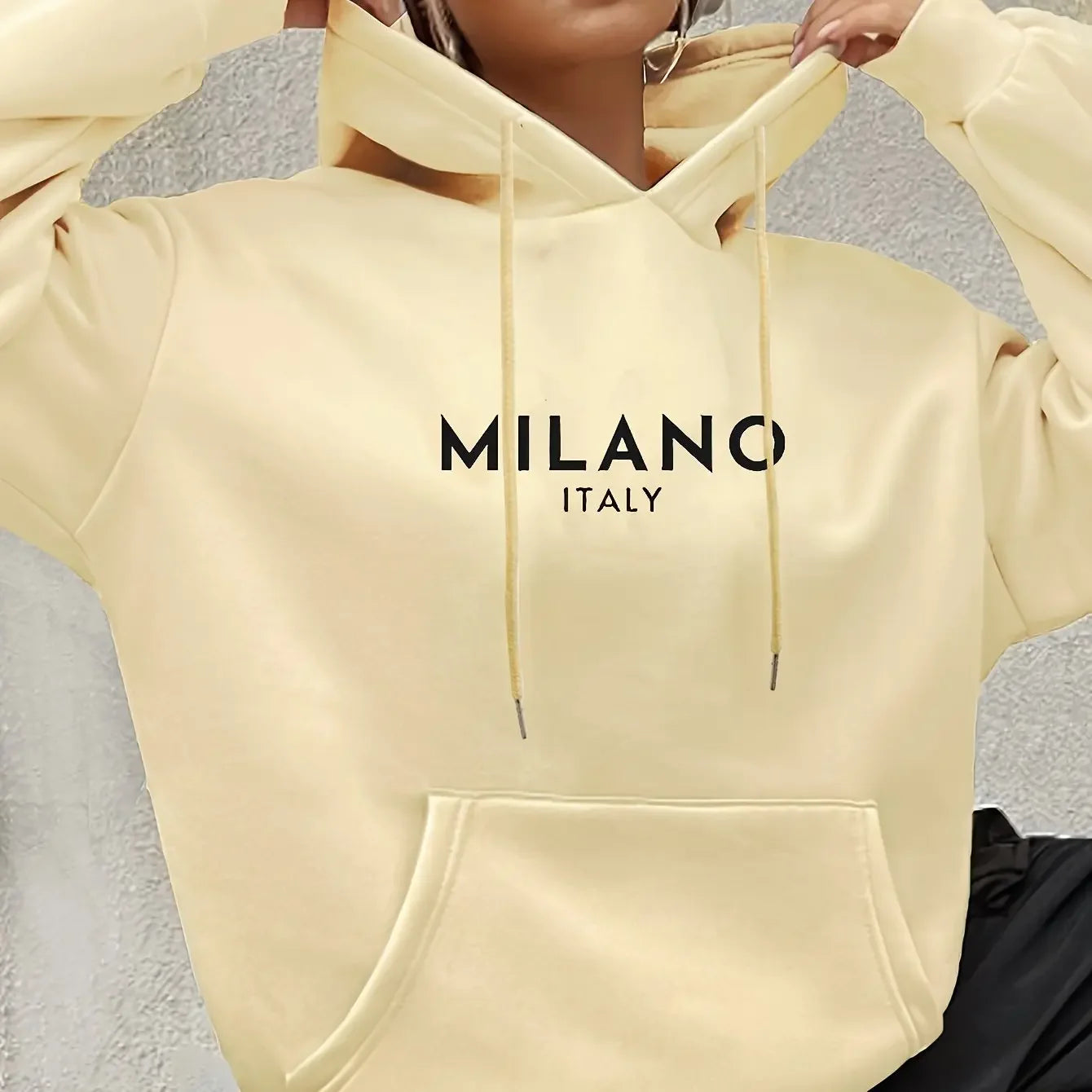 Milano Print Kangaroo Pocket Hoodie Casual Long Sleeve Drawstring Hoodies Sweatshirt Women's Clothing