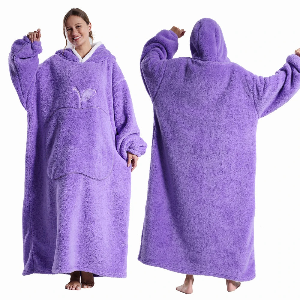 Oversized Wearable Hoodie Warm Flannel Sherpa Blanket Extra Long Hoodie for Winter Men Women Pullover TV Soft Plush  Sweatshirt