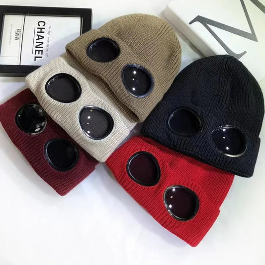Unisex Men Women Knitted Hat with Goggles Windproof
