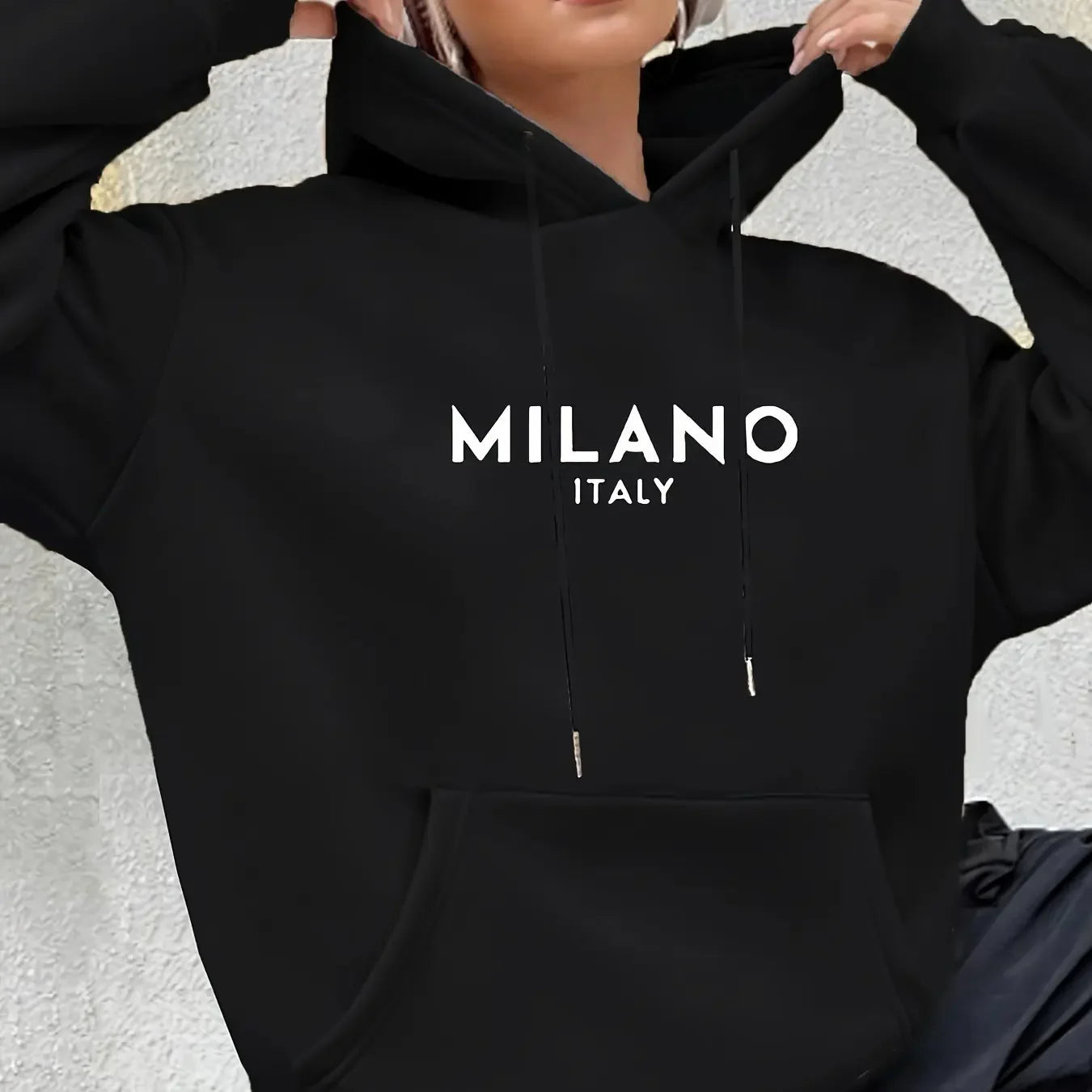 Milano Print Kangaroo Pocket Hoodie Casual Long Sleeve Drawstring Hoodies Sweatshirt Women's Clothing