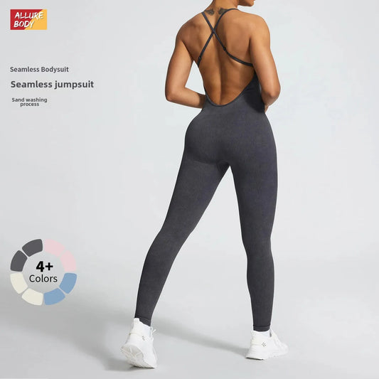 High Elasticity Sand Washed One-Piece Yoga Suit Outdoor Fitness Cross Back Waist Shaping Gym Wearable Jumpsuit for Sports