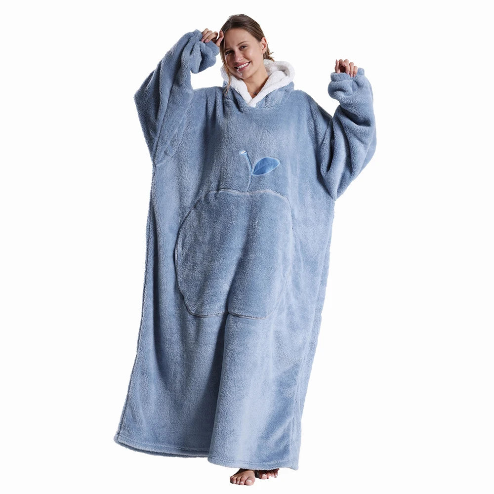 Oversized Wearable Hoodie Warm Flannel Sherpa Blanket Extra Long Hoodie for Winter Men Women Pullover TV Soft Plush  Sweatshirt
