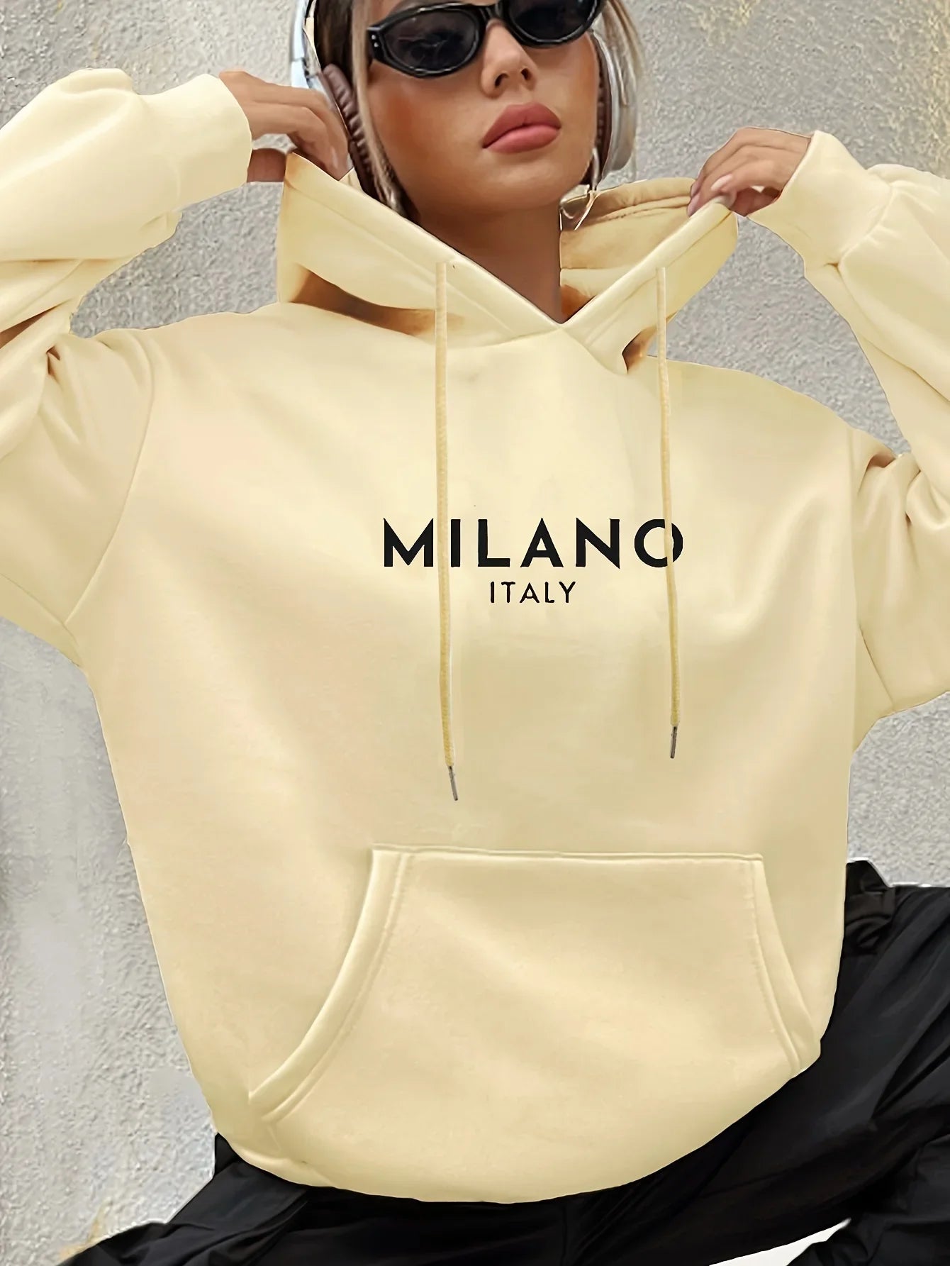 Milano Print Kangaroo Pocket Hoodie Casual Long Sleeve Drawstring Hoodies Sweatshirt Women's Clothing