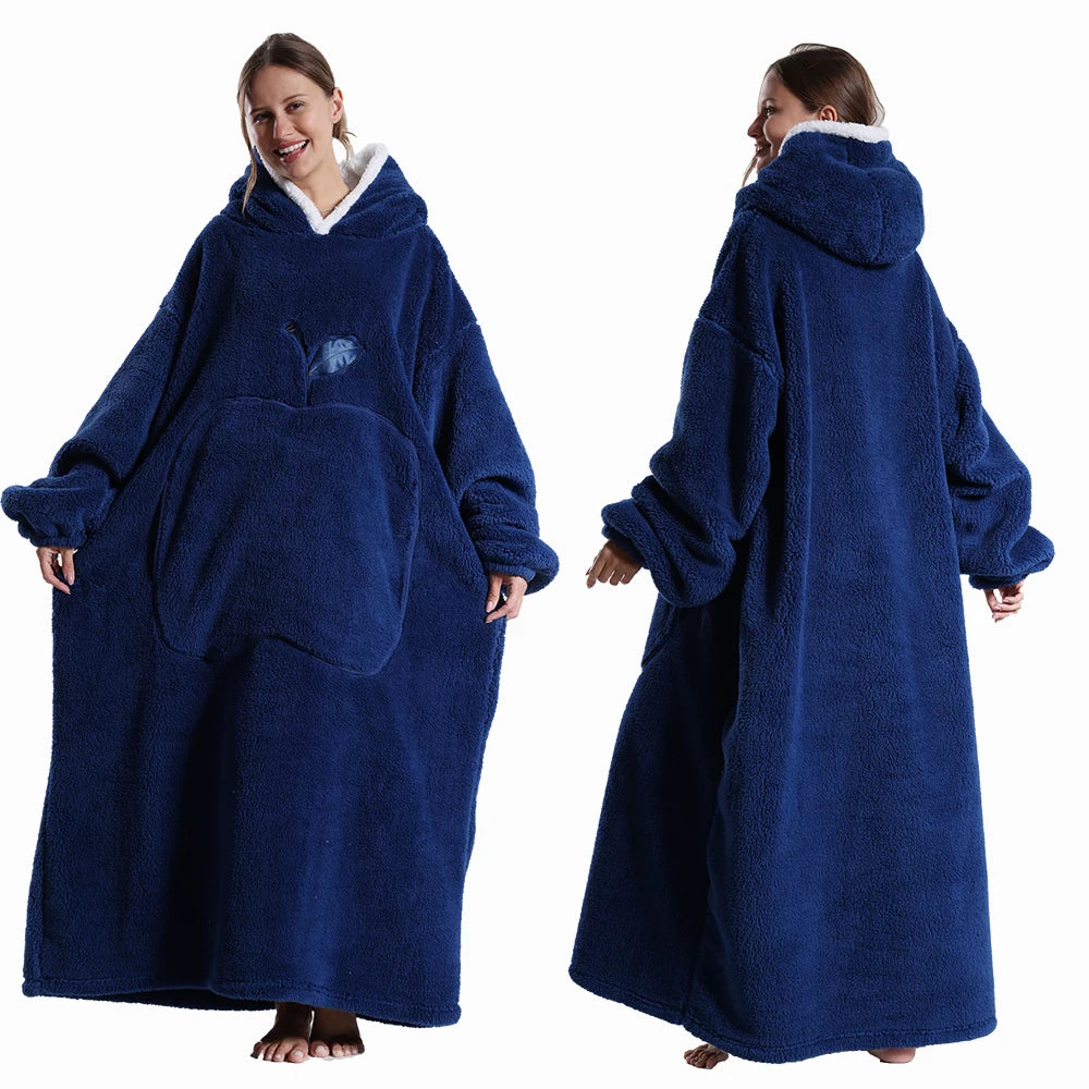Oversized Wearable Hoodie Warm Flannel Sherpa Blanket Extra Long Hoodie for Winter Men Women Pullover TV Soft Plush  Sweatshirt