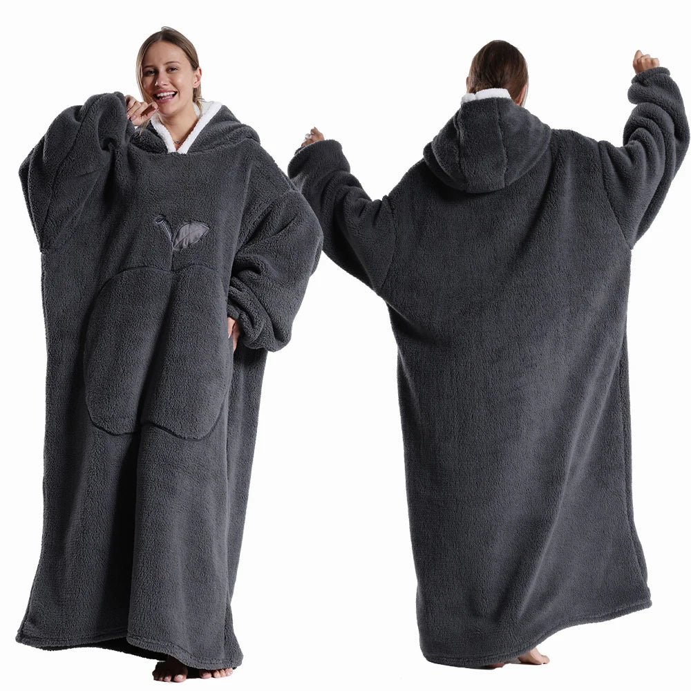 Oversized Wearable Hoodie Warm Flannel Sherpa Blanket Extra Long Hoodie for Winter Men Women Pullover TV Soft Plush  Sweatshirt